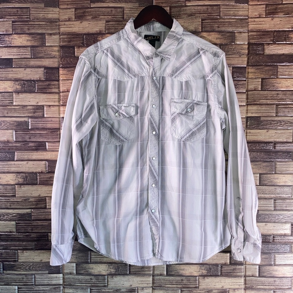 EUC Men's HELIX XL Large Gray & White Plaid Button Up Long Sleeve Casual Shirt